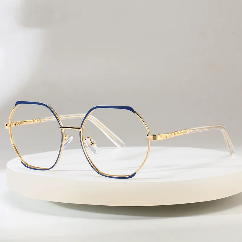 Polygonal Women Spectacle Metal Spring Foot Flat Mirror Computer Eye Protection Blue Light Blocking Optical Protection Eyewear