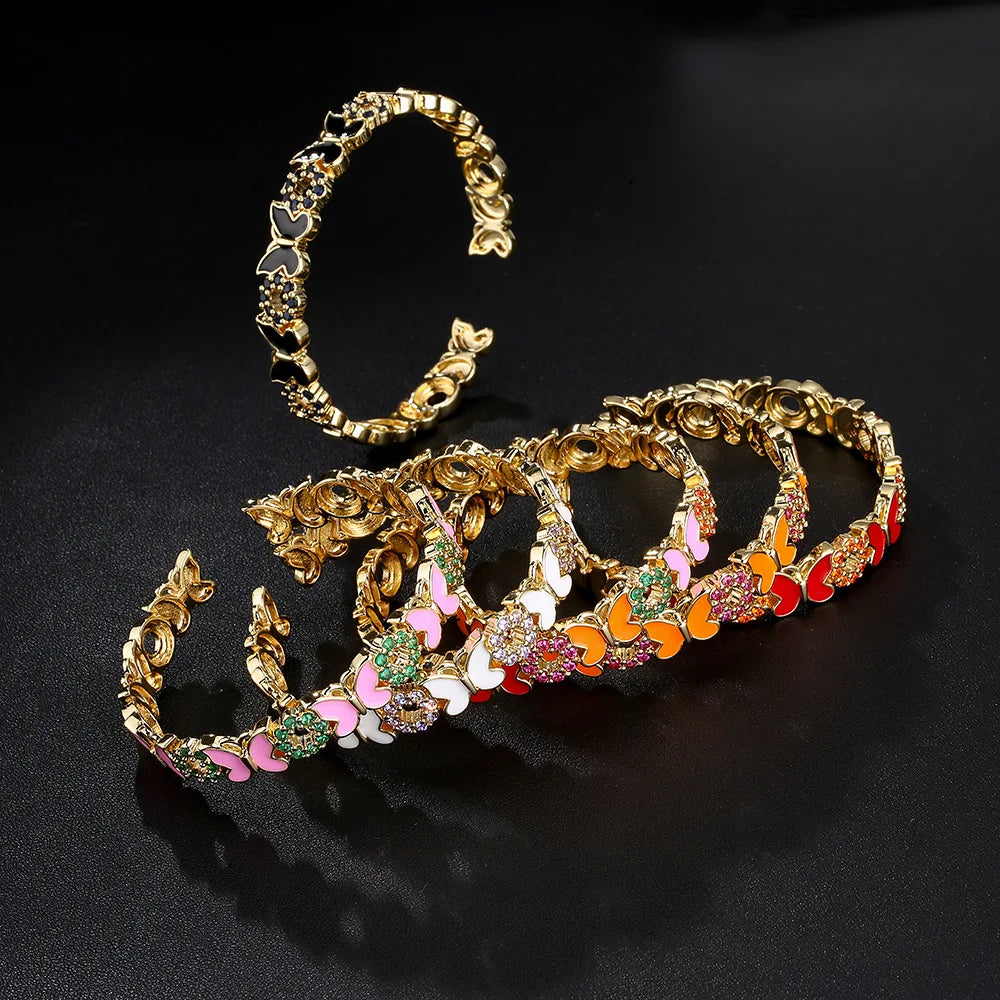 Copper Real 18k Gold Plated Multiple Cubic Zirconia Circle Adjustable Bangle Bracelet Dripping Oil Butterfly Open Cuff Bangle