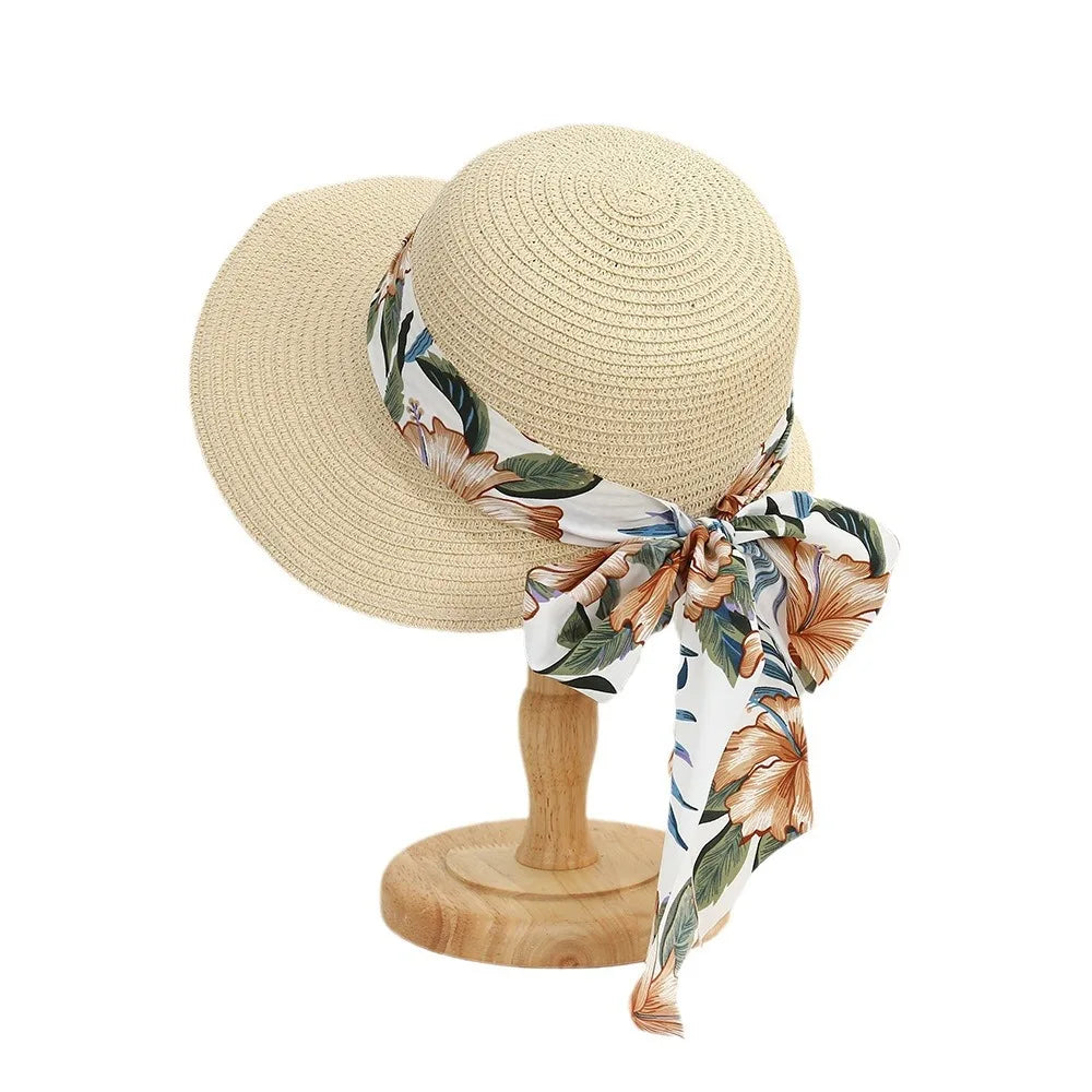 Bestella Large Brim Sun Protection Straw Hat Fashionable Beach Hat with Sweet Bow Ribbon Made of Paper for Vacation Travel