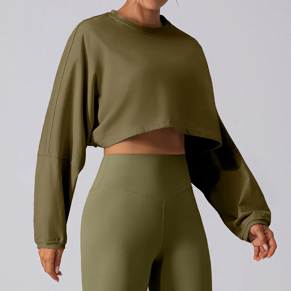 Women Cropped Long Sleeve Workout Top Loose Fit Drop Shoulder Gym Crop Tee