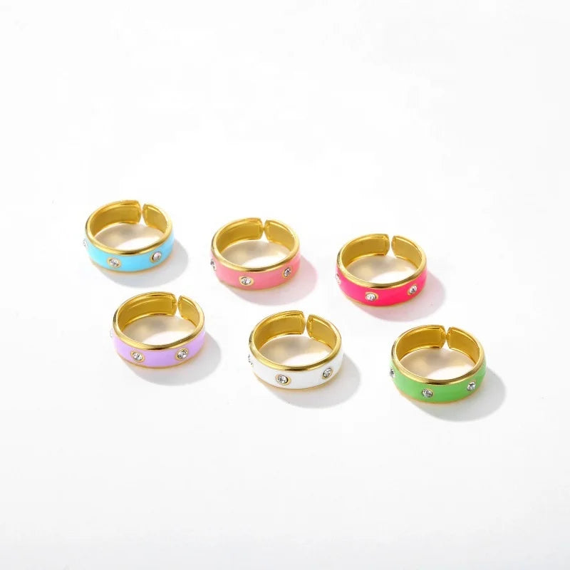BINSHUO Wholesale Bohemia Waterproof Stainless Steel Rings Adjustable Inlaid Cubic Zircon Enamel Oil Drip Opening Ring for Women