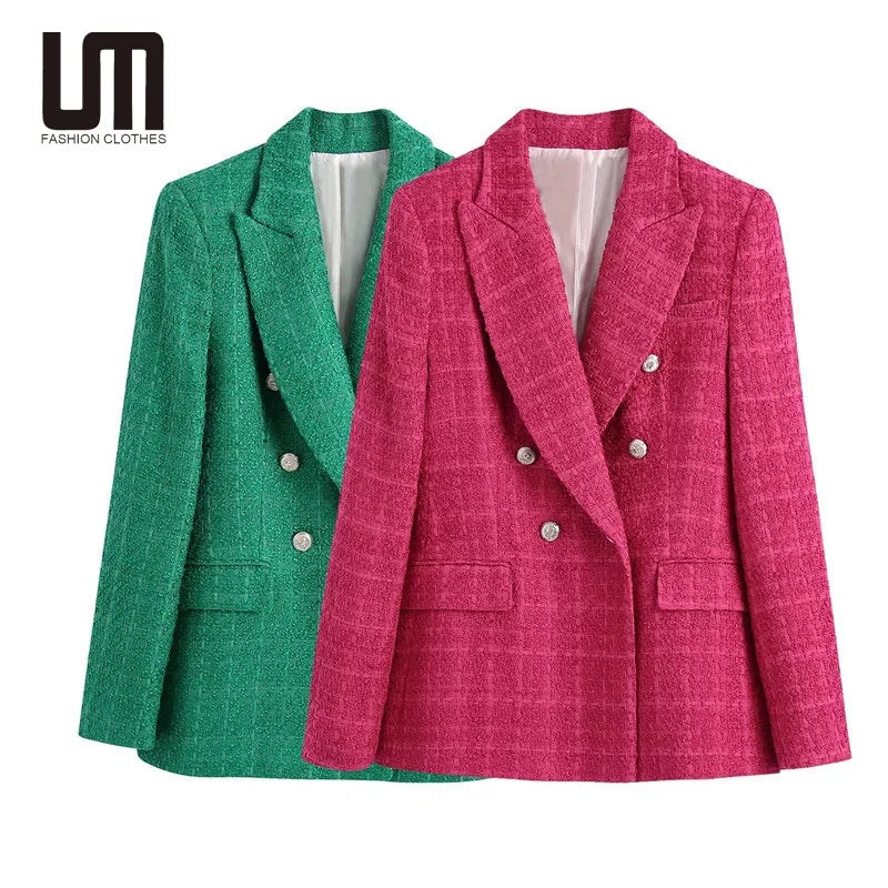 Liu Ming Fashion 2024 New Products Women Vintage Pockets Double Breasted Chic Lady Long Sleeves Blazer Coat MegaBDM