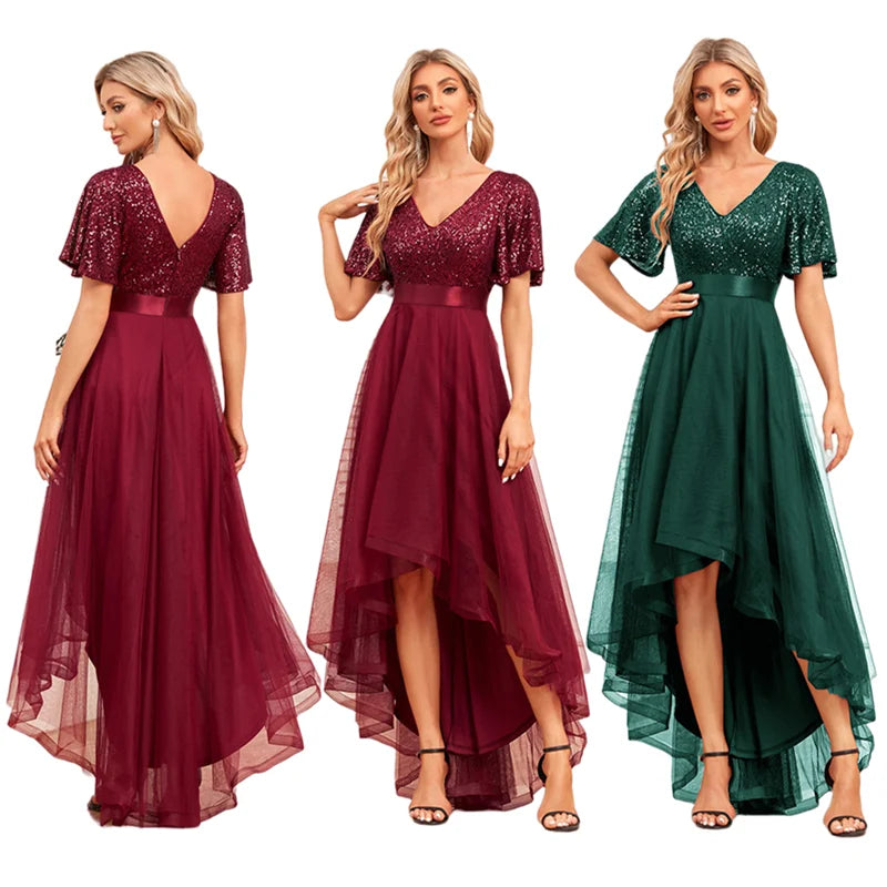 TW00090 Trendy Bridesmaid Dress V-neck A-line Fluffy Chiffon Irregular Short Sleeve Elegant Evening Dresses Sequin Prom Dresses