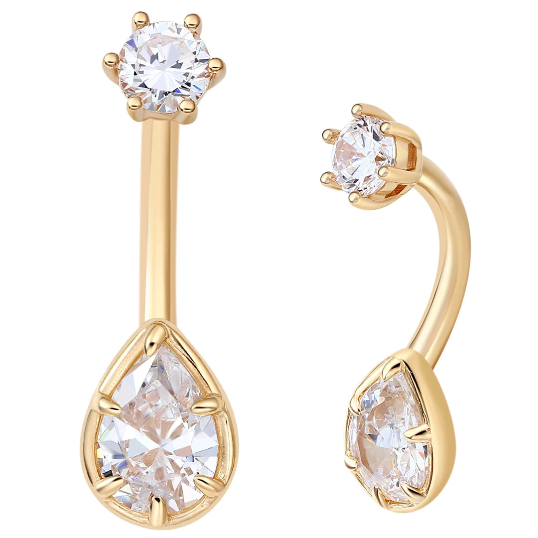 Eternal Metal 14K Solid Gold Internally Threaded Navel Rings Walter Drop Shape 5A Clear Zircon Body Piercing Jewelry Wholesale
