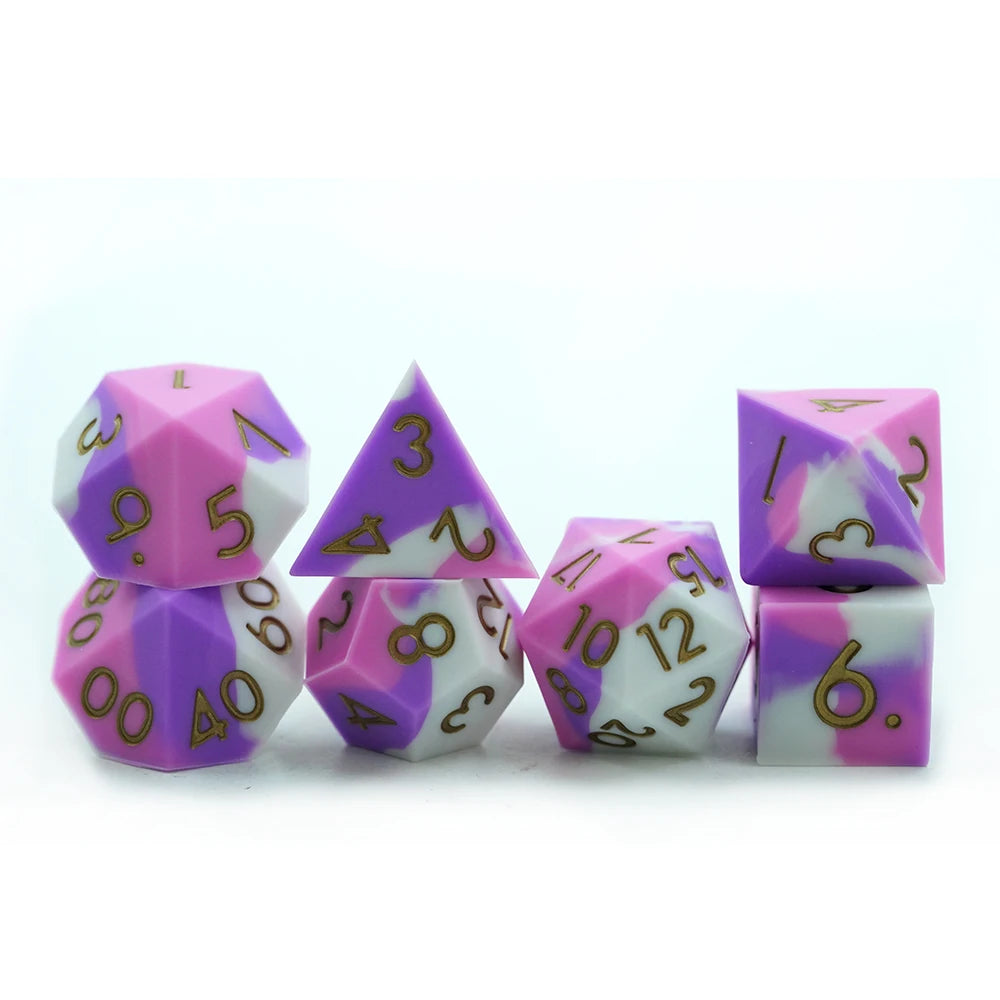 Factory Price 16mm Polyhedral Silicone Mold RPG DND Dice Set Pink White Purple Mix with Gold Number for Adventure Game