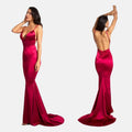 New Women's Backless Satin Evening Dresses with Halter V-Neck and Train Sequined Natural Waist for Parties