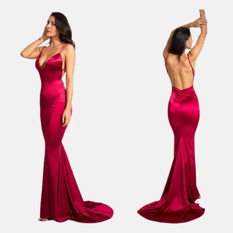 New Women's Backless Satin Evening Dresses with Halter V-Neck and Train Sequined Natural Waist for Parties