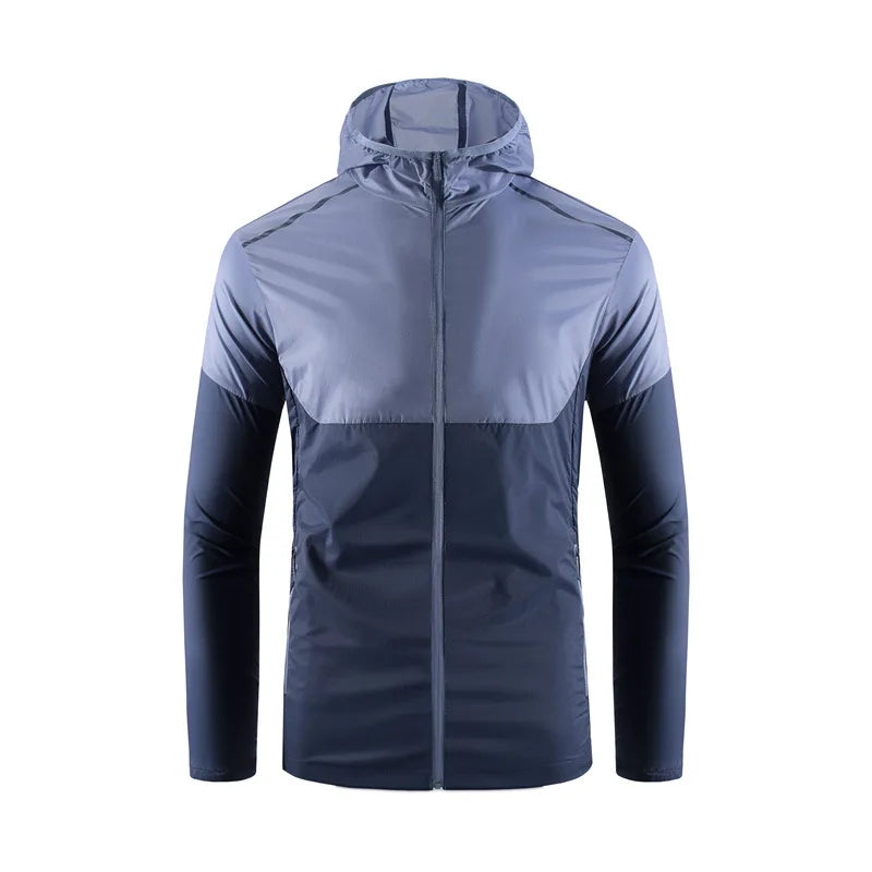 Men's Lightweight Sun-Proof Windbreaker Jacket with Hooded Zipper Patchwork Design for Summer Outdoor Activities Thin Protection