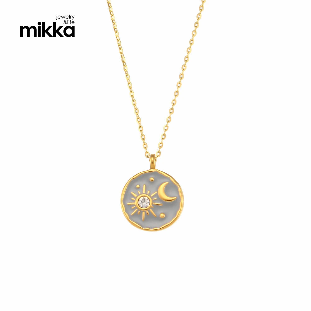Designer Vintage Stainless Steel Tags with Zircons Gold Drop Oil Sun Moon Starry Universe Pendant Necklace