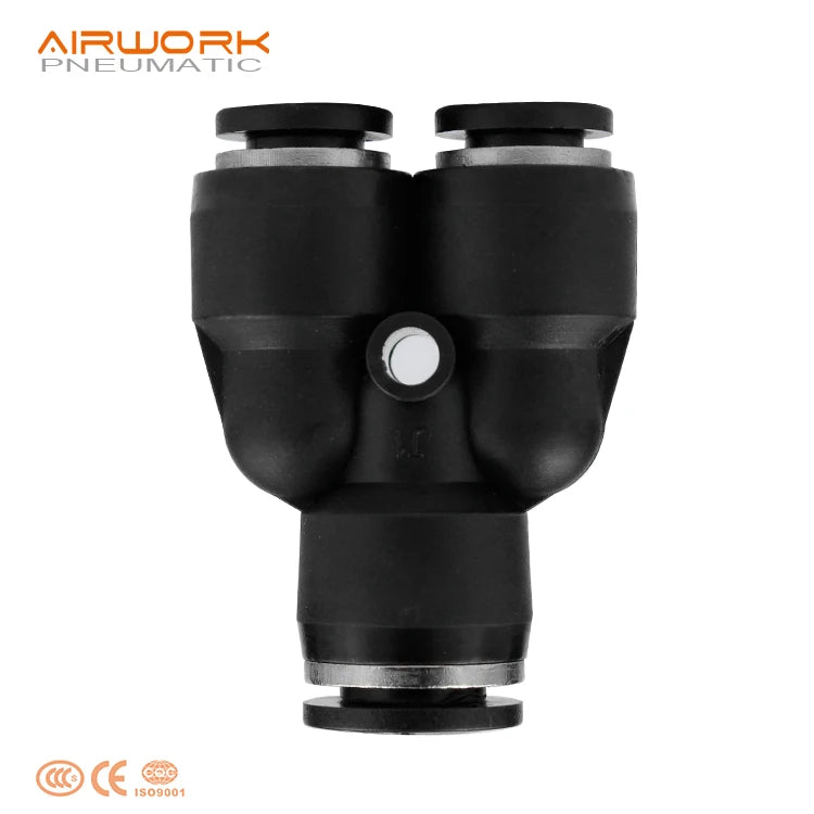 PWY Pneumatic Fitting Supplier PVC Y Shape T Pipe Reducing Plastic Fitting PU Tube Connector Plated Black CE Certified