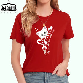 Best Seller Women's Eco-Friendly Loose Fit Breathable Cotton T-Shirt Cute Cat Animal Letter Solid Graphic Logo Casual Crew Neck