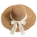 Women Crochet Straw Hat Foldable Large Brim Seaside Holiday Lace Bow Sunshade Hat Raffi Straw Hat