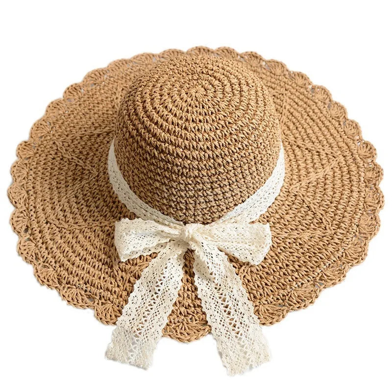 Women Crochet Straw Hat Foldable Large Brim Seaside Holiday Lace Bow Sunshade Hat Raffi Straw Hat