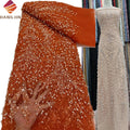 Beautiful African Heavy Beaded Embroidery Fabric Luxury Sequin French Tulle Lace Fabric with Pearls for Bridal Wedding Dress