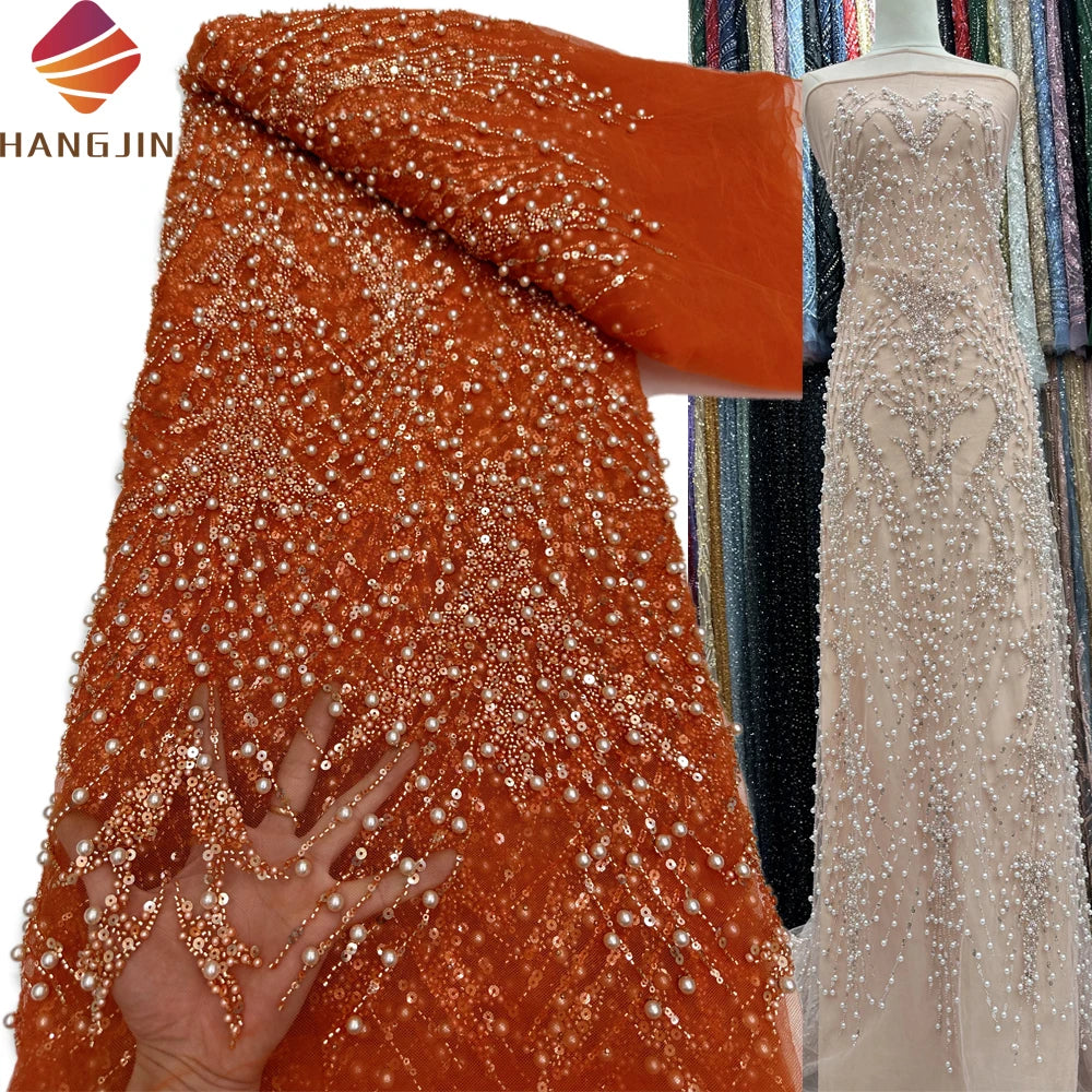 Beautiful African Heavy Beaded Embroidery Fabric Luxury Sequin French Tulle Lace Fabric with Pearls for Bridal Wedding Dress