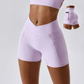 Wholesale Cross Waist Design Women Yoga Shorts Gym Fitness Workout Scrunch Butt Sports Shorts With Side Pocket