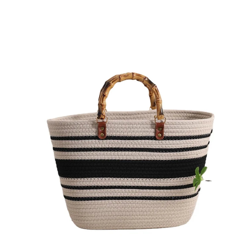 Beach Vacation Eco Friendly Durable Portable Soft Women's Bucket Weaving Bag Large Capacity Striped Cotton Rope