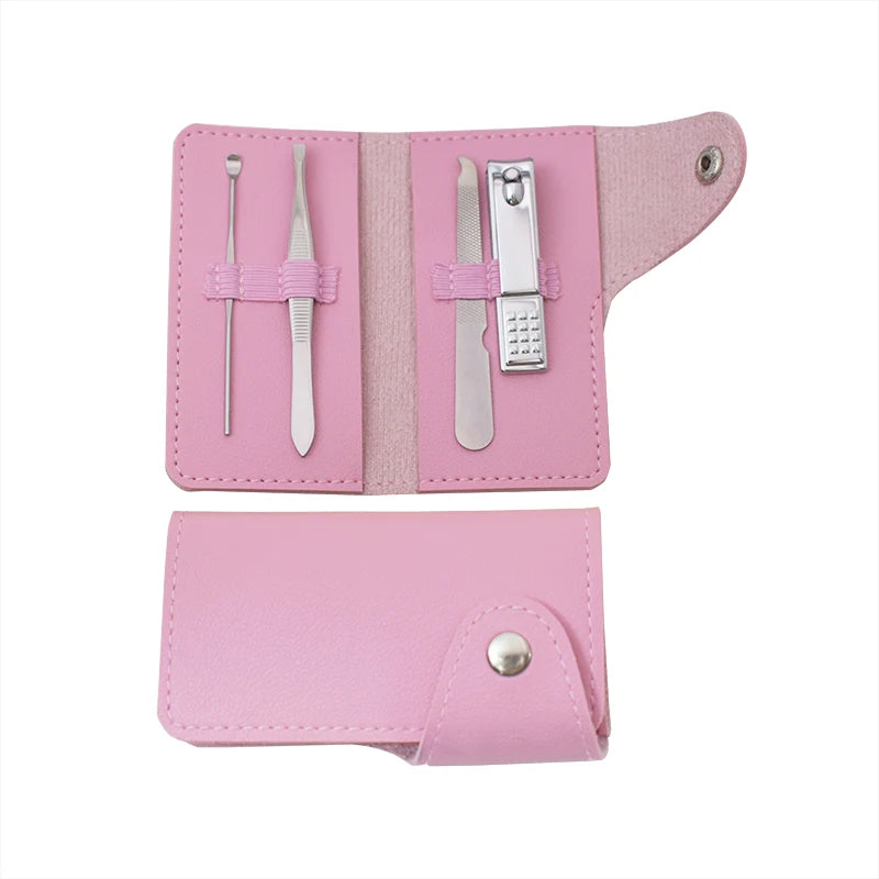 Portable 4PCS Mini Travel Grooming Kit Stainless Steel Satin Finish Beauty Personal Nail Care Tool Set Leather Manicure Pedicure