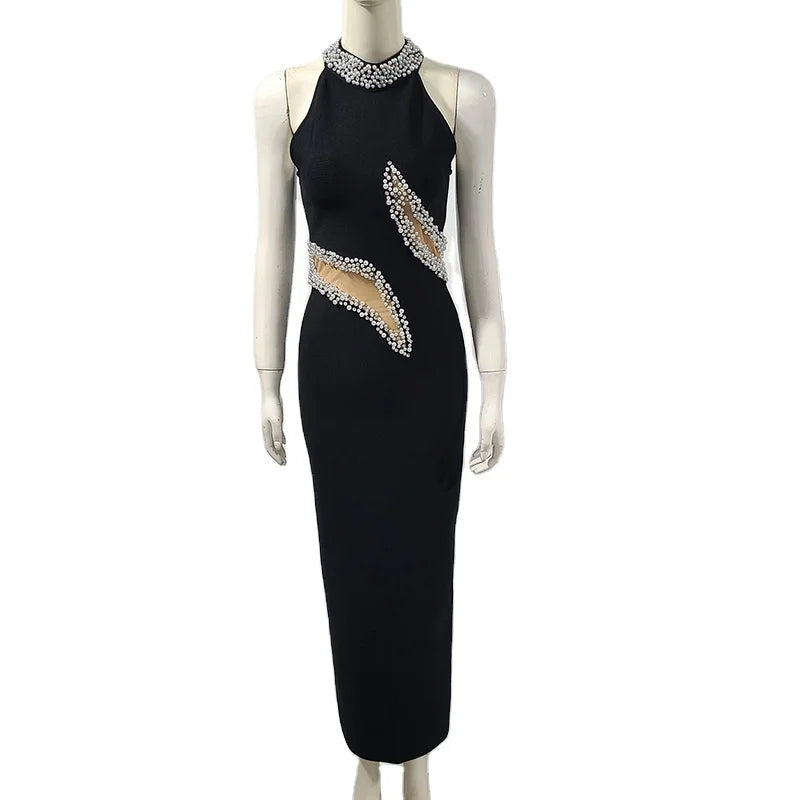 C3725 European and American Styles Beaded Ladies Knitted Midi Dress Black Sleeveless Women Party Dress