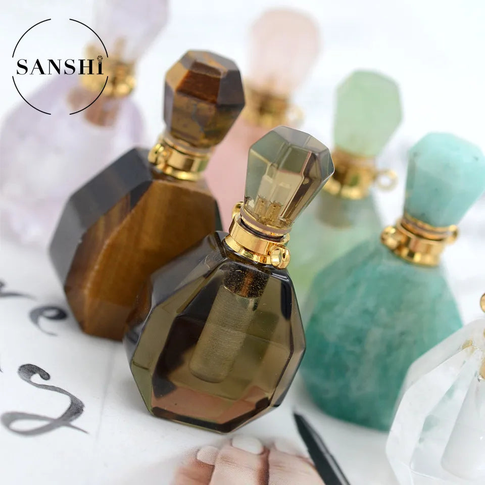 HOT Sale Women Jewelry Cute Mini Natural Gem Stone Perfume Bottle Necklace Essential Bottle With Dropper