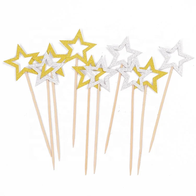 5pcs/bag Birthday Party Paper Cake Topper Gold and Silver Party Cupcake Topper Decoration Glitter Star Cupcake Toppers