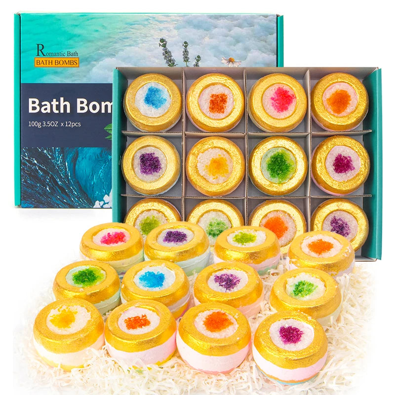 Crystal Geode Bath for Gift Set 300pcs Epsom Salt Fizzies Mixed Color Ball Shape Lavender/Vanilla/Strawberry Scent Gift Box OEM