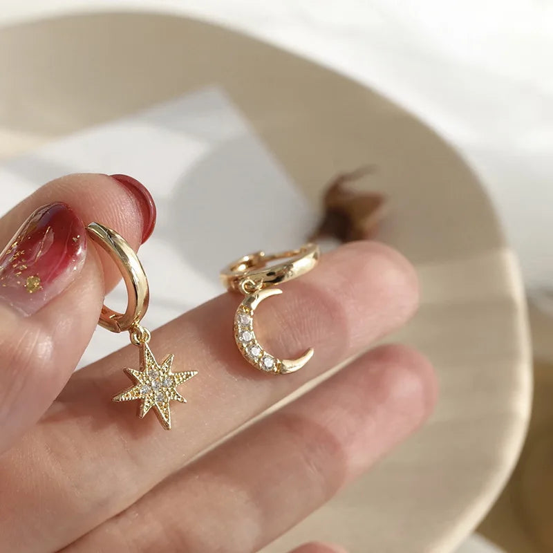 Daidan Mismatched Earrings Women Silver Hoops 18K Gold Plated Zirconia Jewelry Moon and Star Earrings