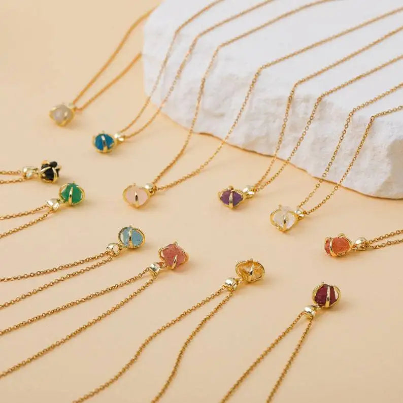 Natural Raw Rough Irregular Stone Stainless Steel Necklace 12 Birthstone Pendant Necklace Female Birthstone Necklace for Girl