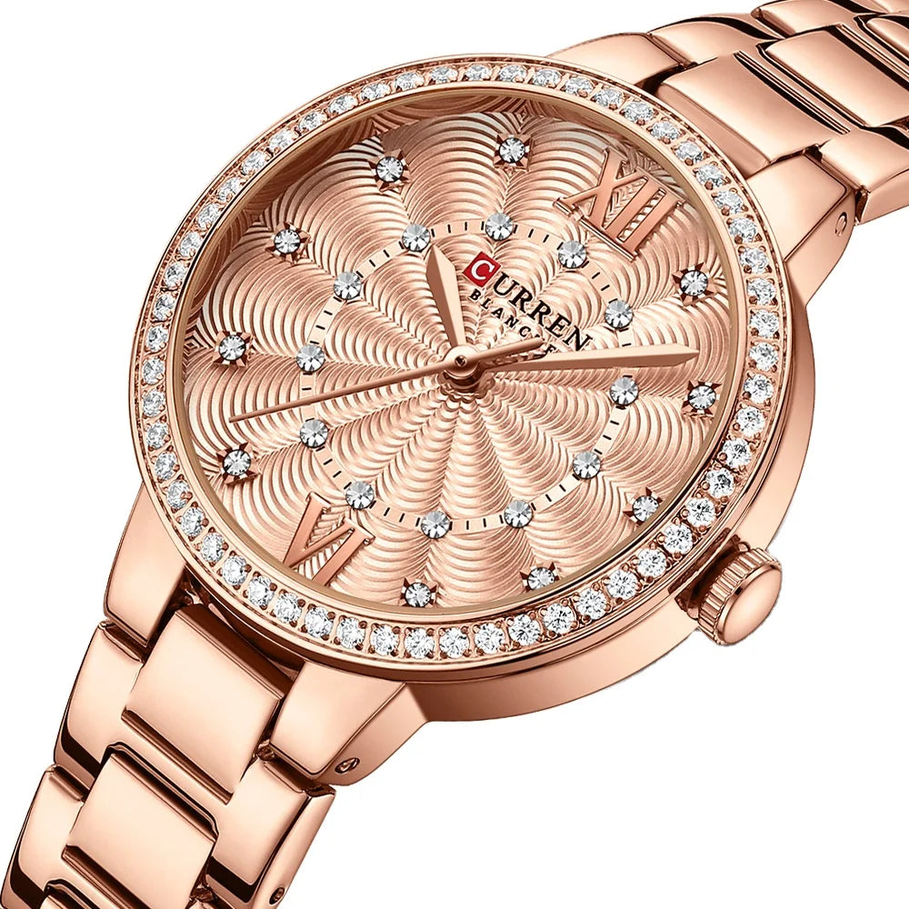 2023 New CURREN 9085 Diamond Watch for Women Stainless Steel Waterproof Quartz Watches Ladies Creative Bracelet Rose Gold