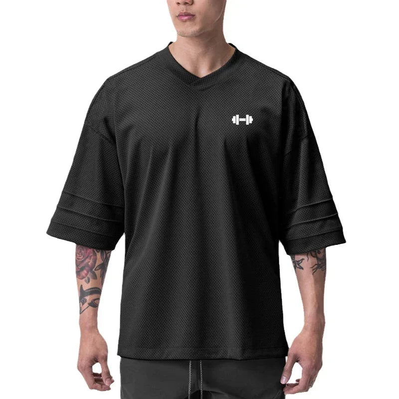 Oversized V-neck T-shirt Mens Dropped Shoulder Half Sleeve Fitness T Shirt Summer Mesh Loose Gym Clothing Basketball Jerseys