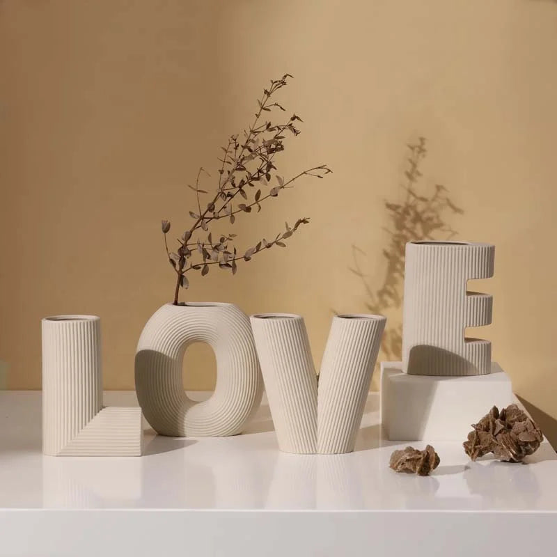 Nordic Creative Art LOVE Letter Striped Ceramic Vase Living Room Flower Arrangement Home Ceramic Vase