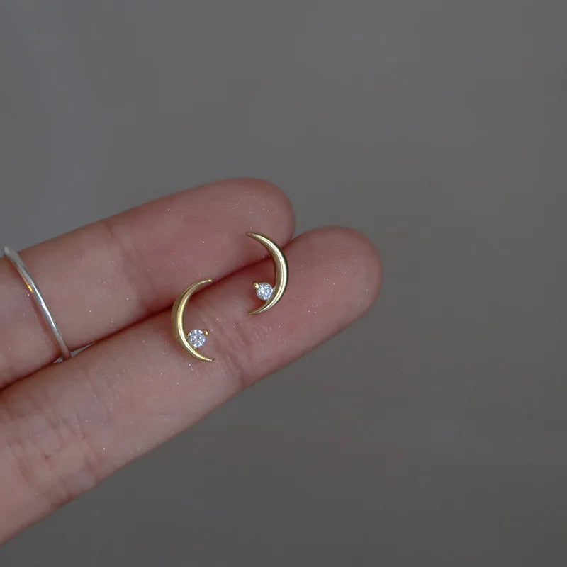 Delicate Creative Minimalist 14K Gold Plated Pure 925 Sterling Silver Mini Zircon Crescent Moon Stud Earrings for Women Girls