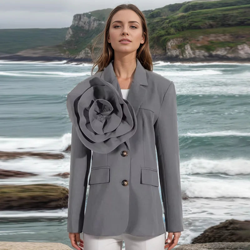 New Stylish Patchwork Women's Suits Blazer Solid Color Spliced 3D Flower Single Button Sheath Coats Women