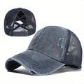 Wholesale Baseball Cap Trucker Hat Pony Plain Adjustable Cross Ponytail Hat Distressed Washed Denim Cap