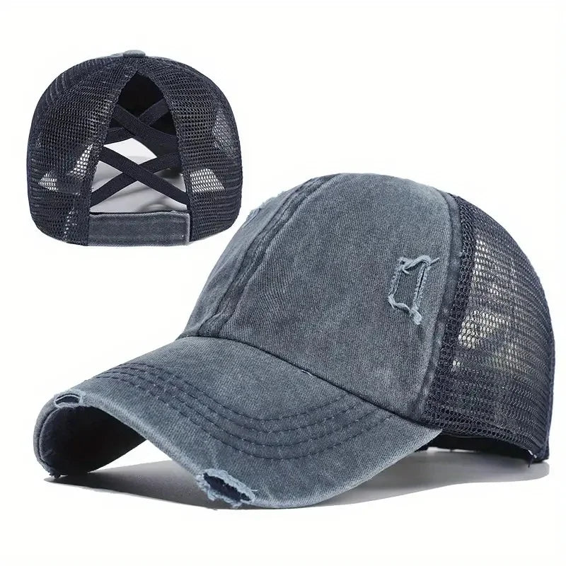 Wholesale Baseball Cap Trucker Hat Pony Plain Adjustable Cross Ponytail Hat Distressed Washed Denim Cap