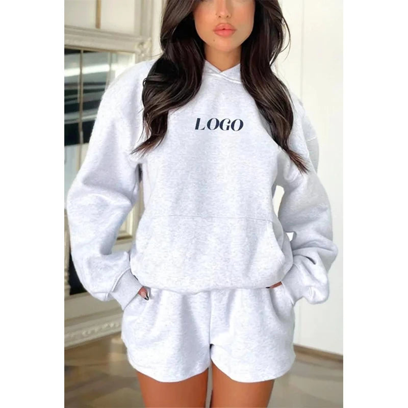 Two Piece Set Women Clothing Summer Custom logo Casual Short Tracksuit Streetwear Knitted Hoodie and Shorts Set