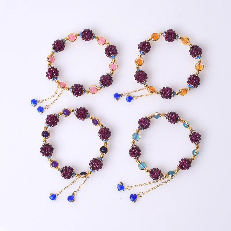 Natural Garnet Tassel Weave Crystal Flower Ball Bracelet Elegant Old-Style Crafted Crystal Jewelry