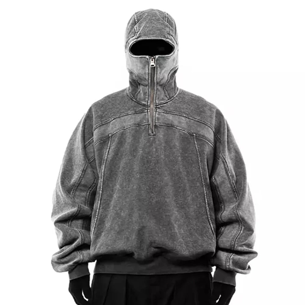 Manufacturer Thick Heavy Cotton Vintage Sweatshirt Distressed Acid Washed Heavyweight 500gsm Custom Ninja Masked Men Hoodie
