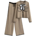 One Size  Fashion Set Temperament Knitted Single Breasted Long Sleeved Cardigan Lace up Wide Leg Casual Pants 2-piece Set