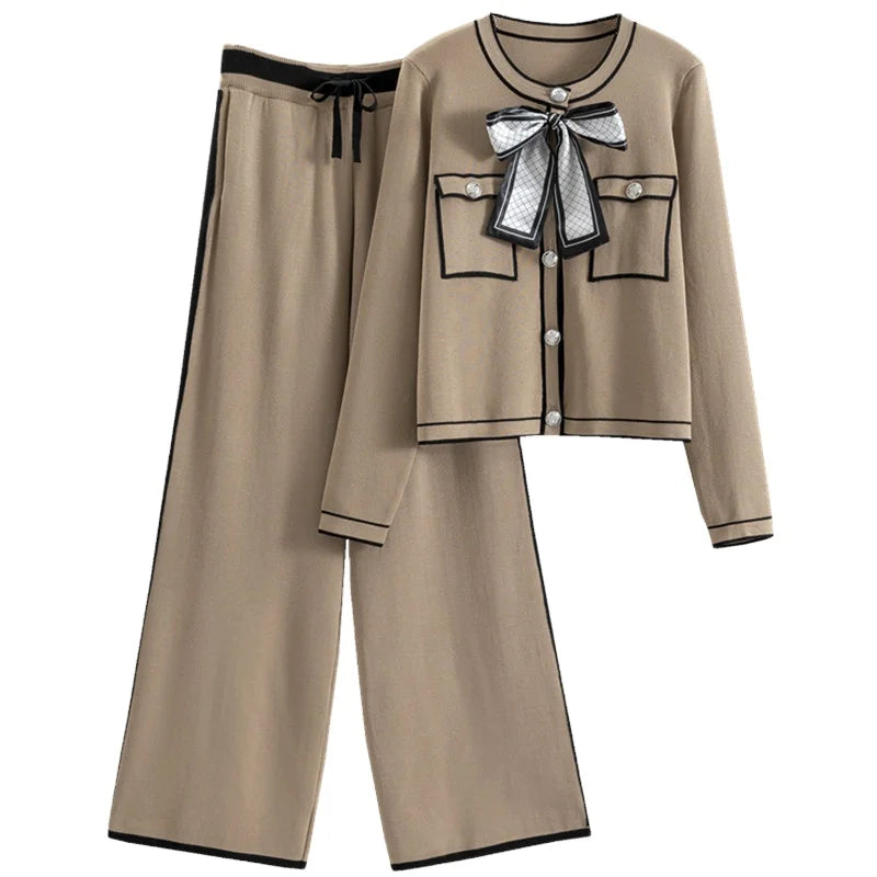 One Size  Fashion Set Temperament Knitted Single Breasted Long Sleeved Cardigan Lace up Wide Leg Casual Pants 2-piece Set