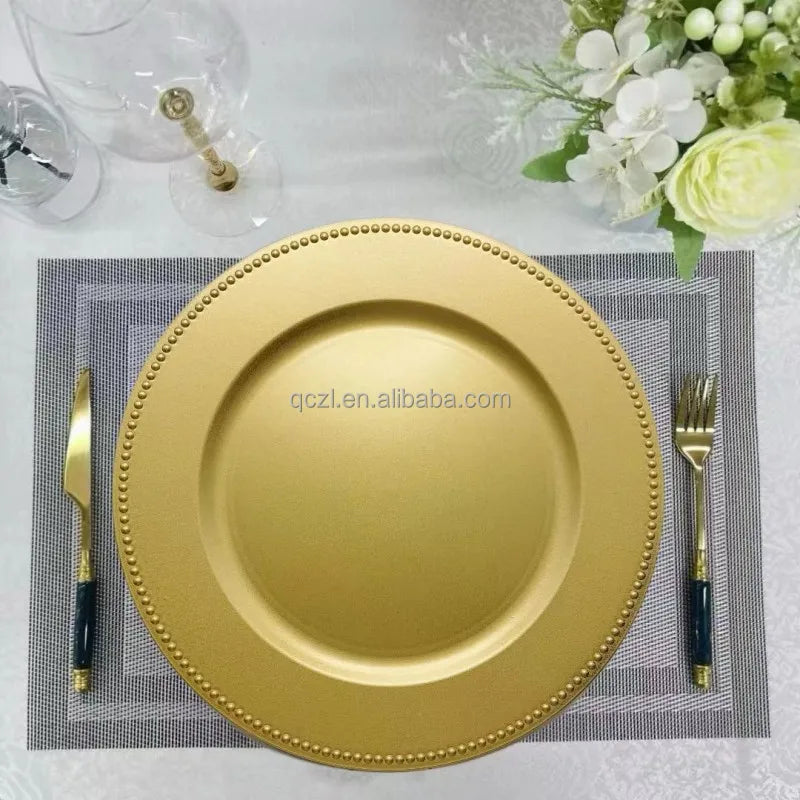Fashion Display Gold Charge Plate with Decorative Bead Edge Holiday Dining Table Set for Wedding Party Plate Decoration