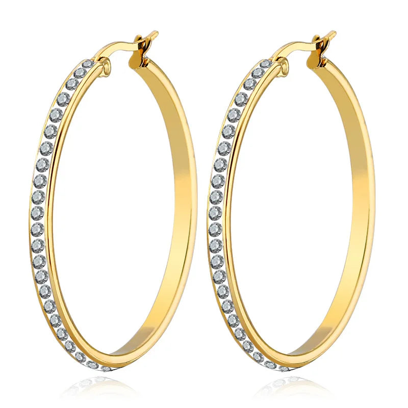 Creative New Designs High Quality 20-40mm Stainless Steel Gold Plated Rhinestone Hoop Earrings Diamond Crystal Hoop Earrings