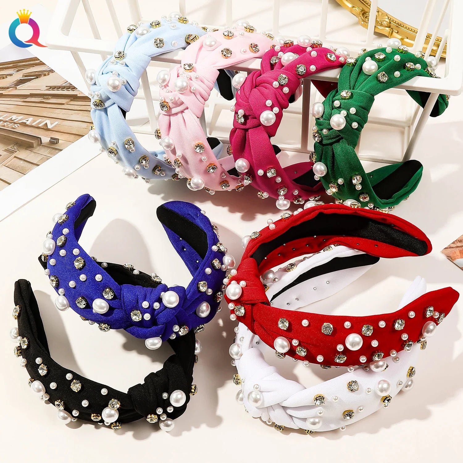 QIYUE Women Rhinestone White Pearl Bead Headband Knot Hair Band Christmas Women Headband