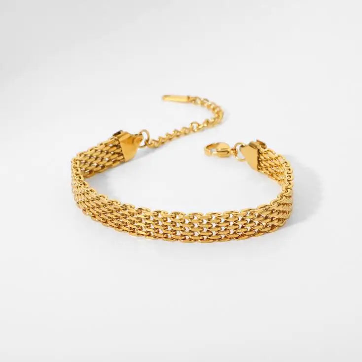 Stainless Steel Waterproof Durable Jewelry 18K Gold Plated Cuban Chain Bracelet Vintage Wide Mesh Bracelet Anti Tarnish Jewelry