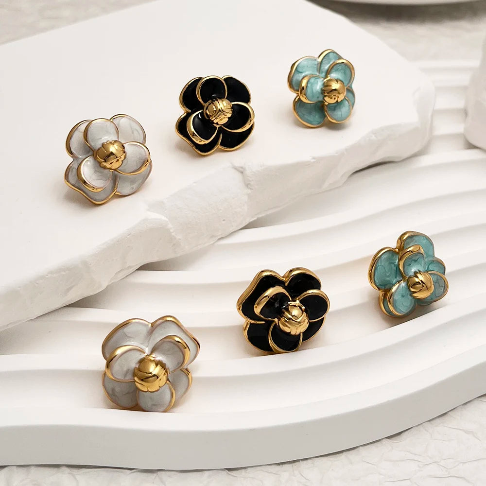 Stainless Steel 18k Gold Plated Camellia Flower Stud Earrings Colorful Enamel Elegant Anniversary  Floral  Earrings for Women