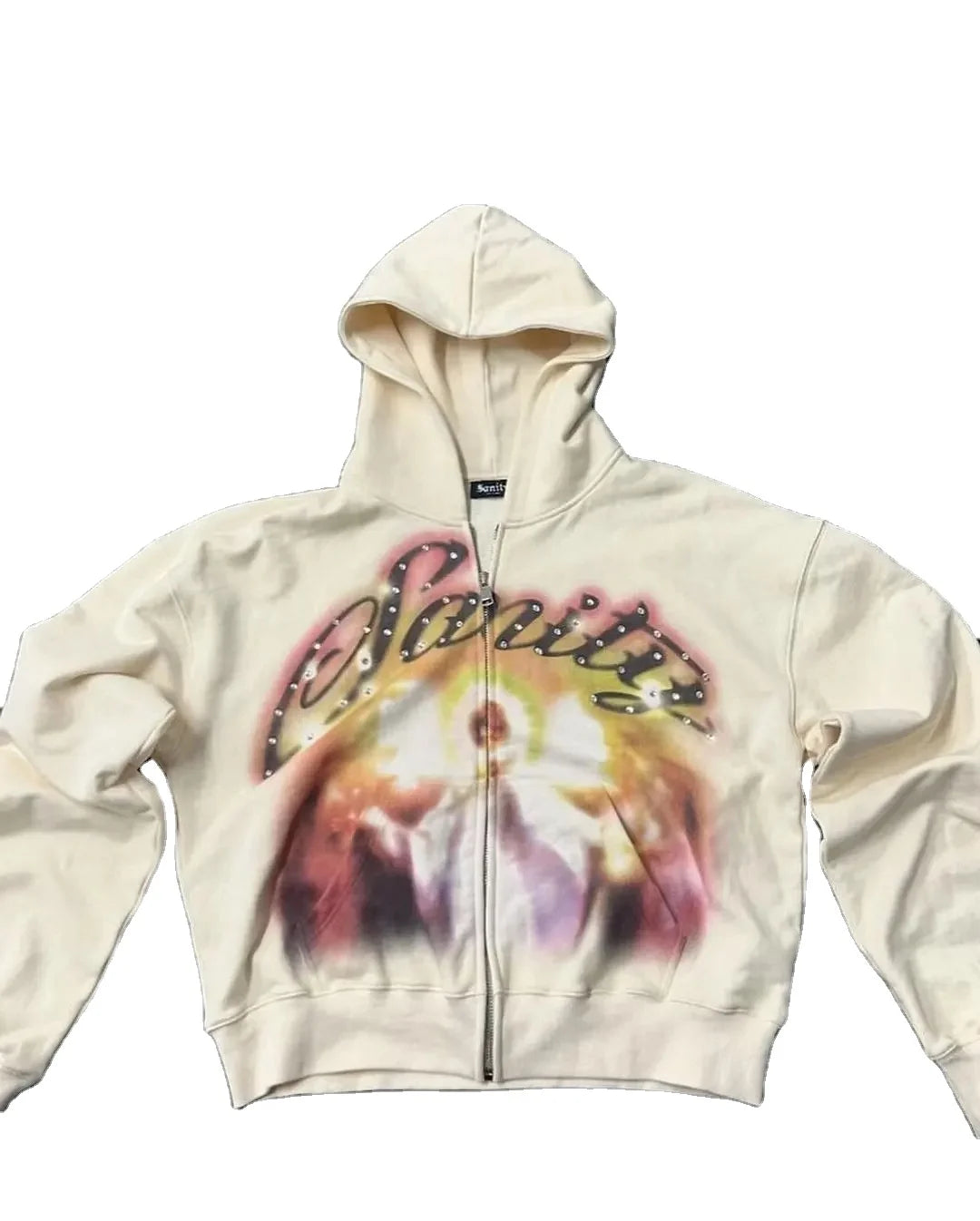 Custom Streetwear Drop Shoulder French Terry Rhinestone Oversized Boxy Hoodie Heavyweight Cropped Mens Zip up Hoodie