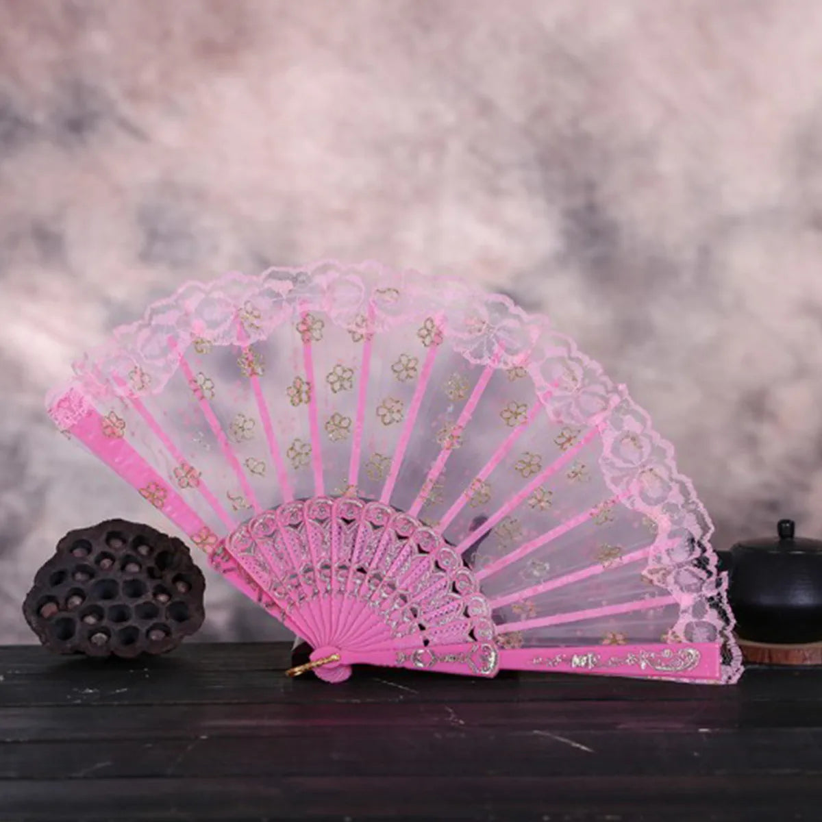Chinese Style Vintage Floral Flower Lace Silk Cloth Folding Hand Held Fan Gift Dance Wedding Party