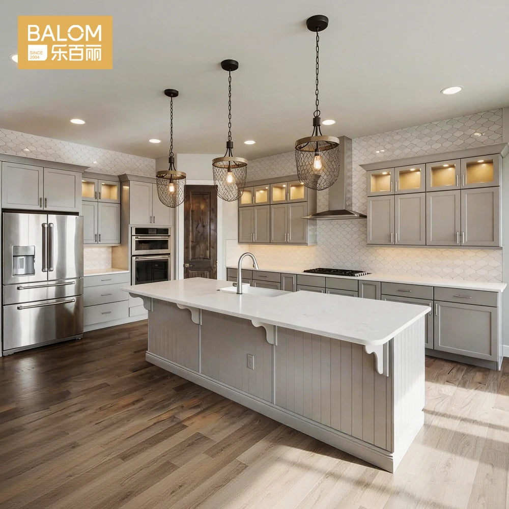 BALOM Modern Luxury Farmhouse Shaker Style Kitchen Cabinets with Island American Standard Plywood RTA Custom Kitchen Furniture