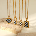 Trendy Women's 18K PVD Gold Plated Link Chain Stainless Steel Heart Lock Checkerboard Pendant Necklace for Anniversary
