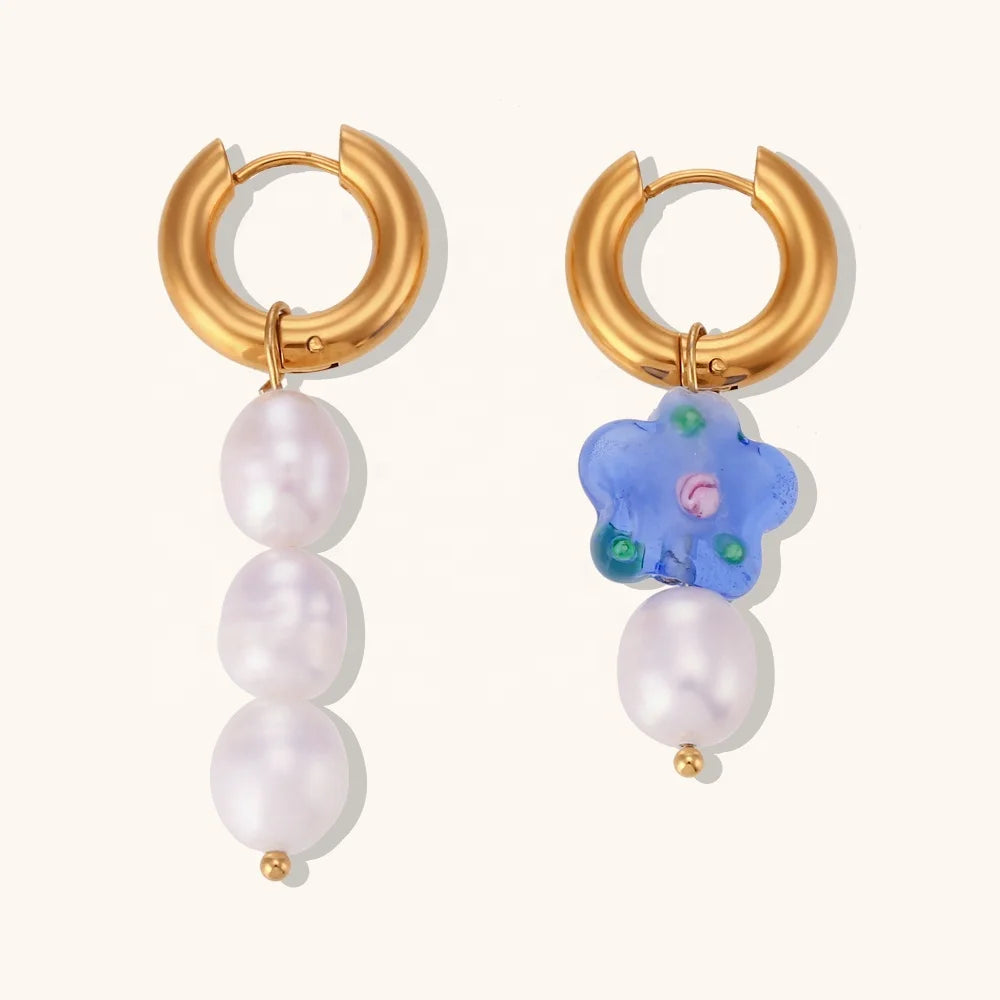 Dingran Summer Stainless Steel Jewelry Asymmetrical Fresh Water Pearl Drop Earring Acrylic Flower Earring